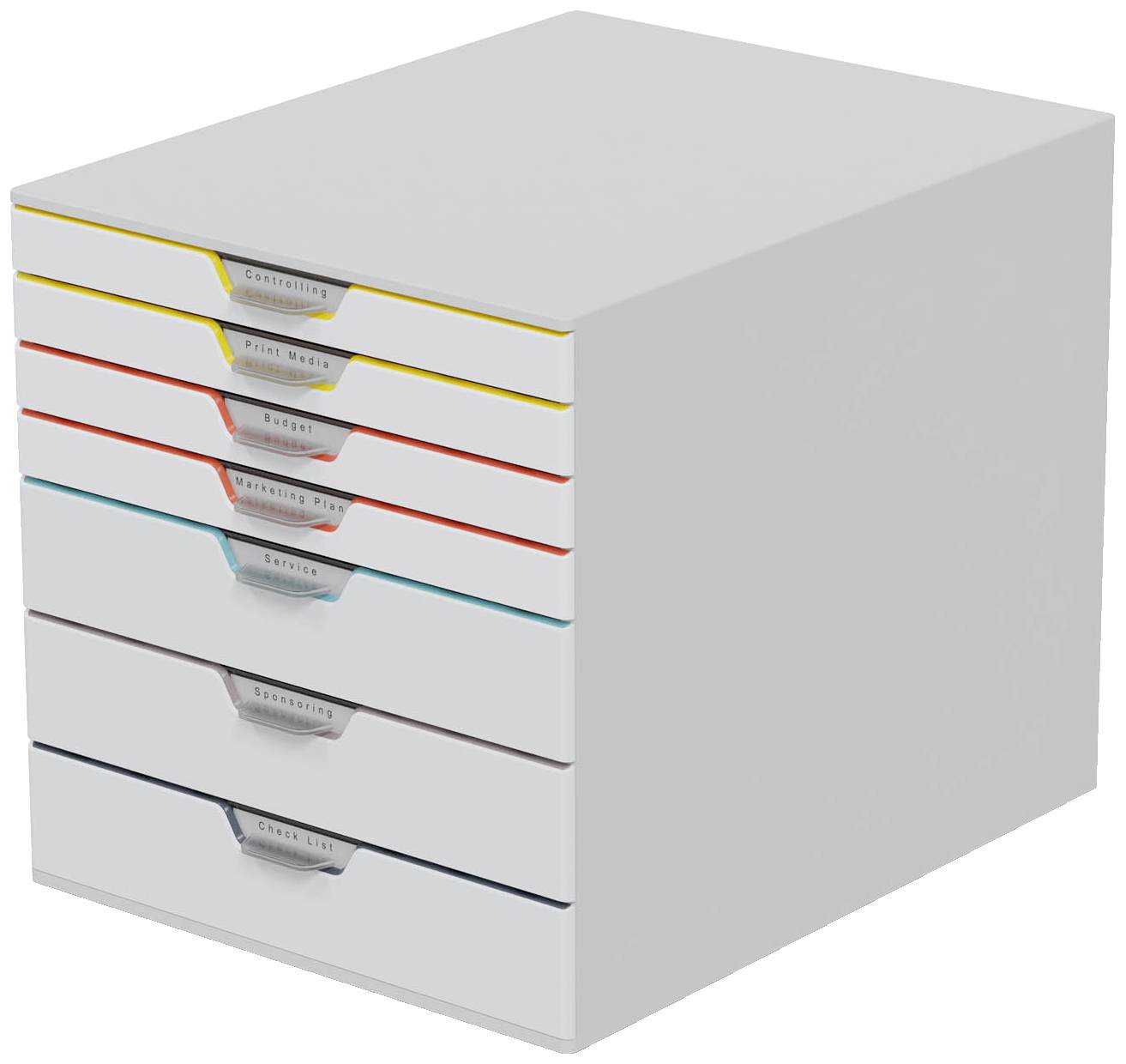 Un mobile a cassetti grigio con sei cassetti di colori diversi, etichettati con 'Creatività', 'Mezzi di Stampa', 'Budget', 'Piano Riunioni', 'Forniture', 'Lista Clienti'.