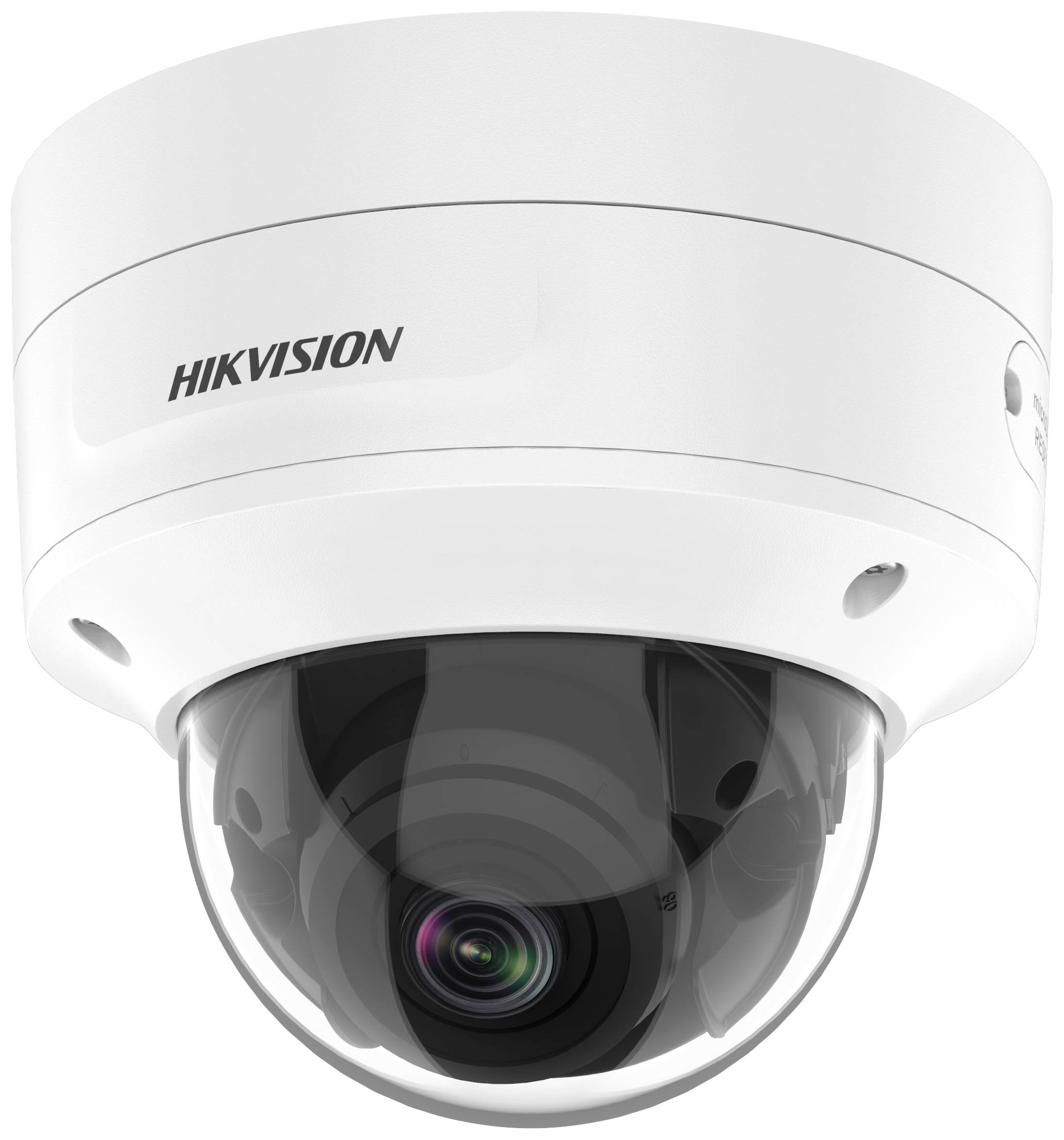 Telecamera di sorveglianza bianca con cupola trasparente del marchio Hikvision. Adatta per interni, offre una copertura di sorveglianza a 360 gradi.