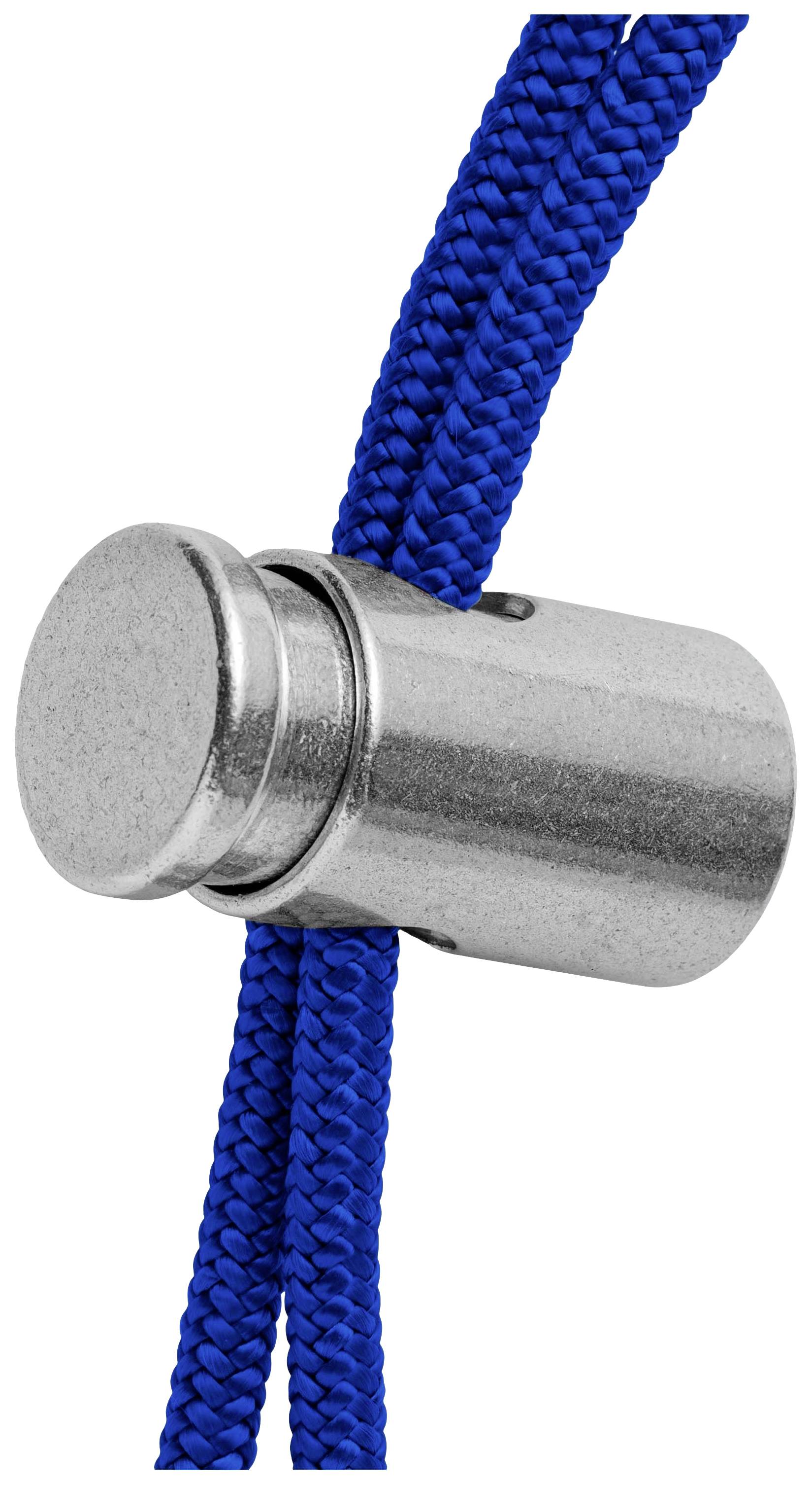 Chiusura metallica con due cordoni blu.
