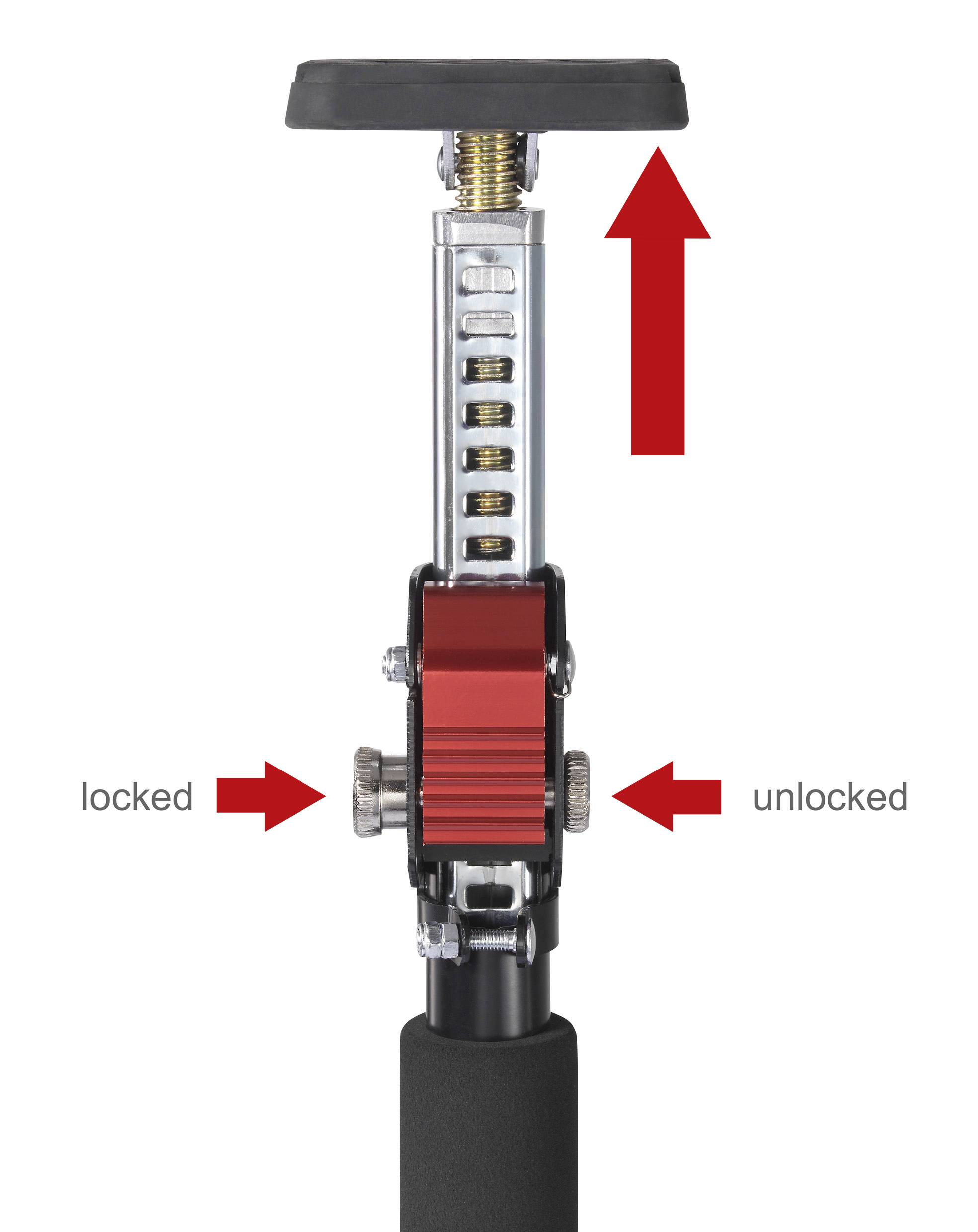 Meccanismo di bloccaggio di un estrattore di polvere, mostra le posizioni di 'bloccato' e 'sbloccato' con frecce.