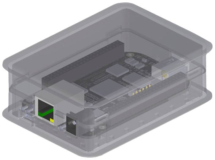 Un dispositivo elettronico con connessioni visibili, montato in un involucro trasparente.