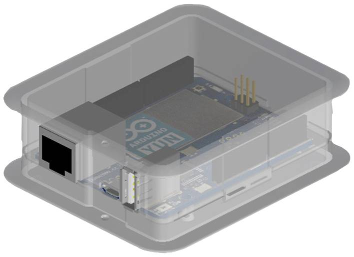 Una scheda Arduino in un contenitore trasparente in plastica. Sono visibili i connettori e i componenti della scheda.
