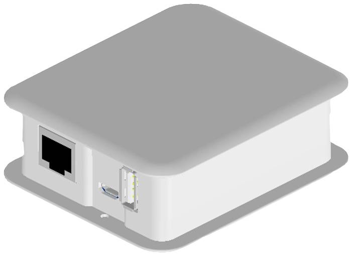 Piccolo dispositivo elettronico grigio con una porta USB e una porta Ethernet.