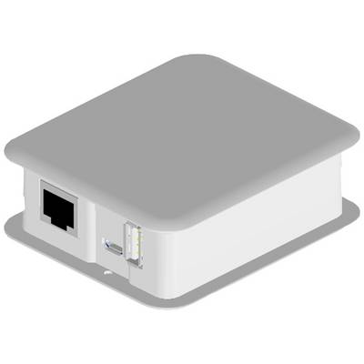 Piccolo dispositivo elettronico grigio con una porta USB e una porta Ethernet.