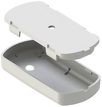 Scatola di plastica bianca, rettangolare, con coperchio rimovibile, mostrata aperta. Superficie superiore e inferiore con fori per il fissaggio.