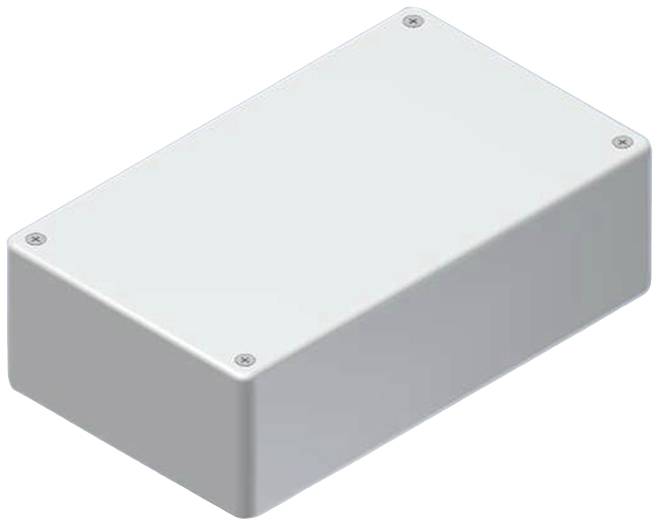 Piccola scatola metallica rettangolare con angoli arrotondati, ottimizzata per componenti elettronici e applicazioni wireless.