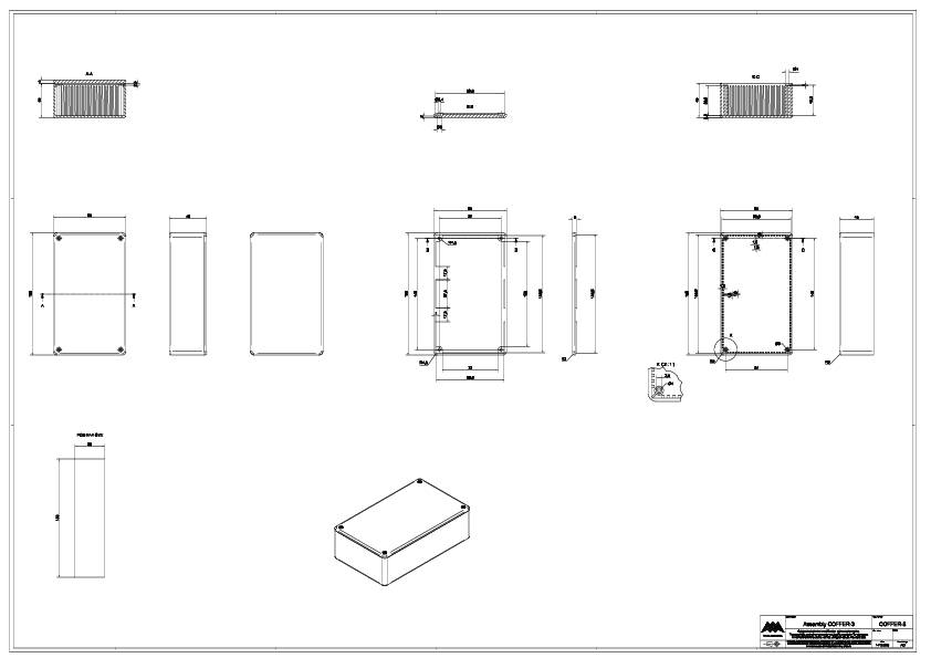 Disegno tecnico di un involucro rettangolare con quote e dettagli da diverse angolazioni.