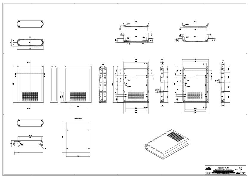 Disegno tecnico di un involucro con più viste e quote dimensionali. Mostra la vista frontale, laterale e dall'alto del design.