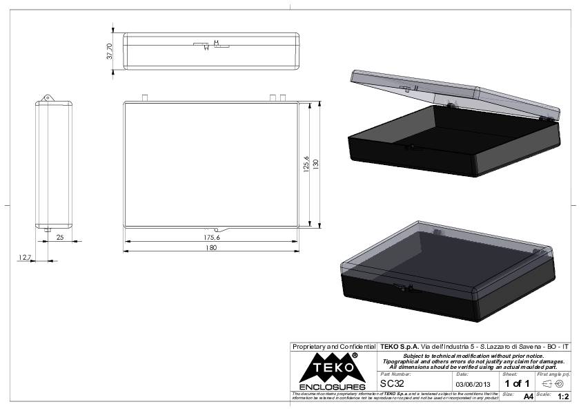 Disegno tecnico di un contenitore rettangolare con coperchio, rappresentato in diverse viste e dimensioni, compresi lunghezza e larghezza.