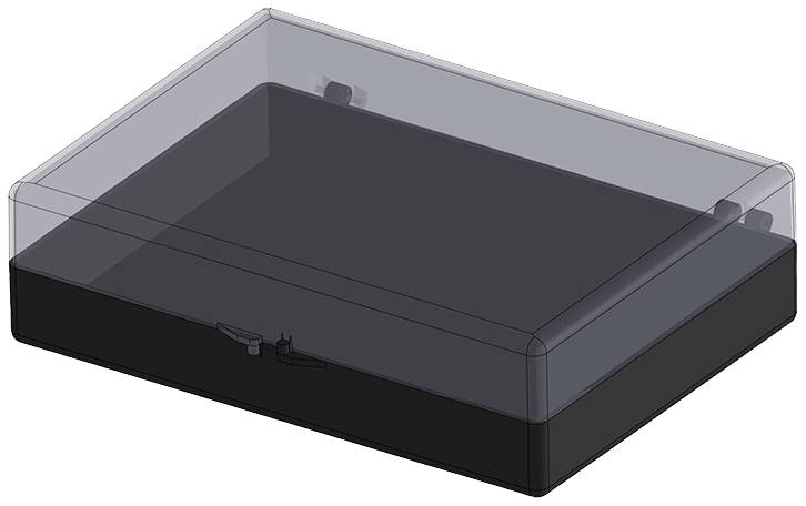Un contenitore rettangolare in plastica con un coperchio trasparente, adatto per la conservazione di piccoli componenti o apparecchiature elettroniche.