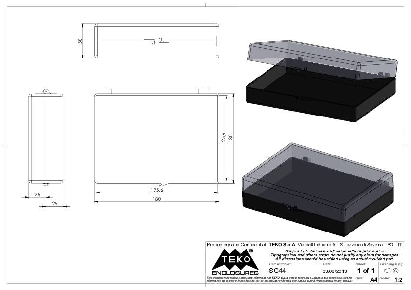 'Disegno tecnico di una scatola rettangolare in plastica con coperchio. Dimensioni: 180 mm x 120 mm x 25 mm. Viste prospettiche e laterali.'