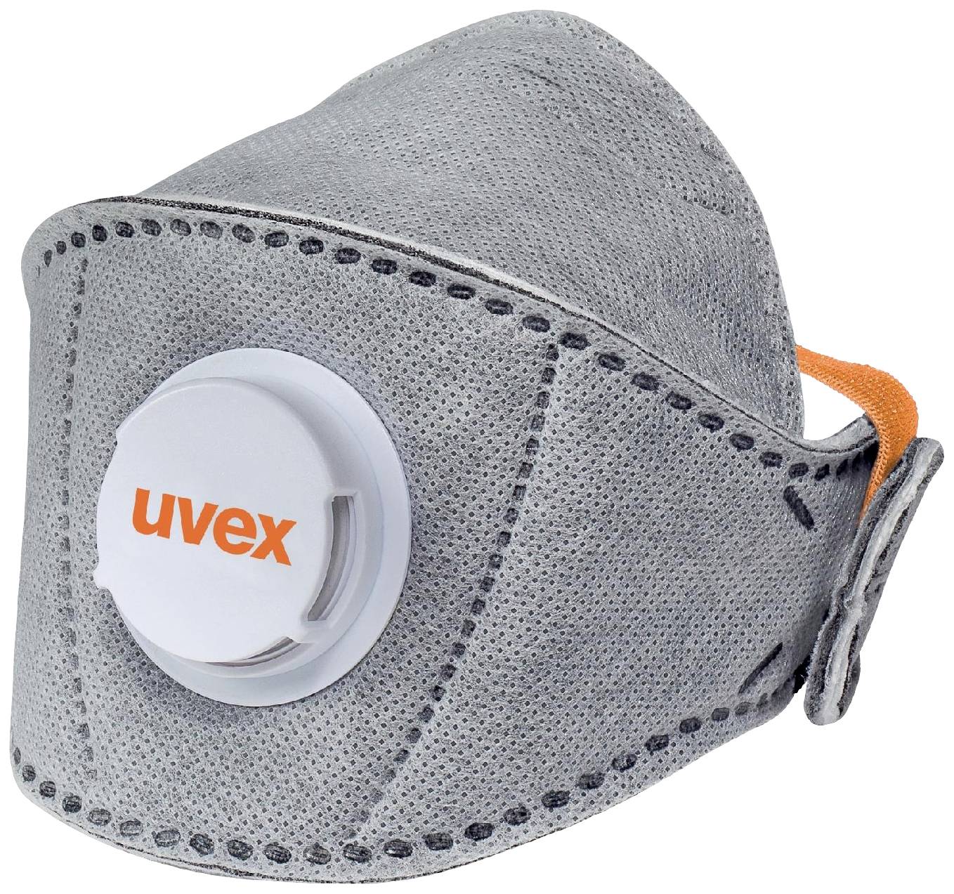 Maschera respiratoria con valvola e logo 'uvex', grigia, sagomata ergonomicamente, offre protezione da polvere e particelle.