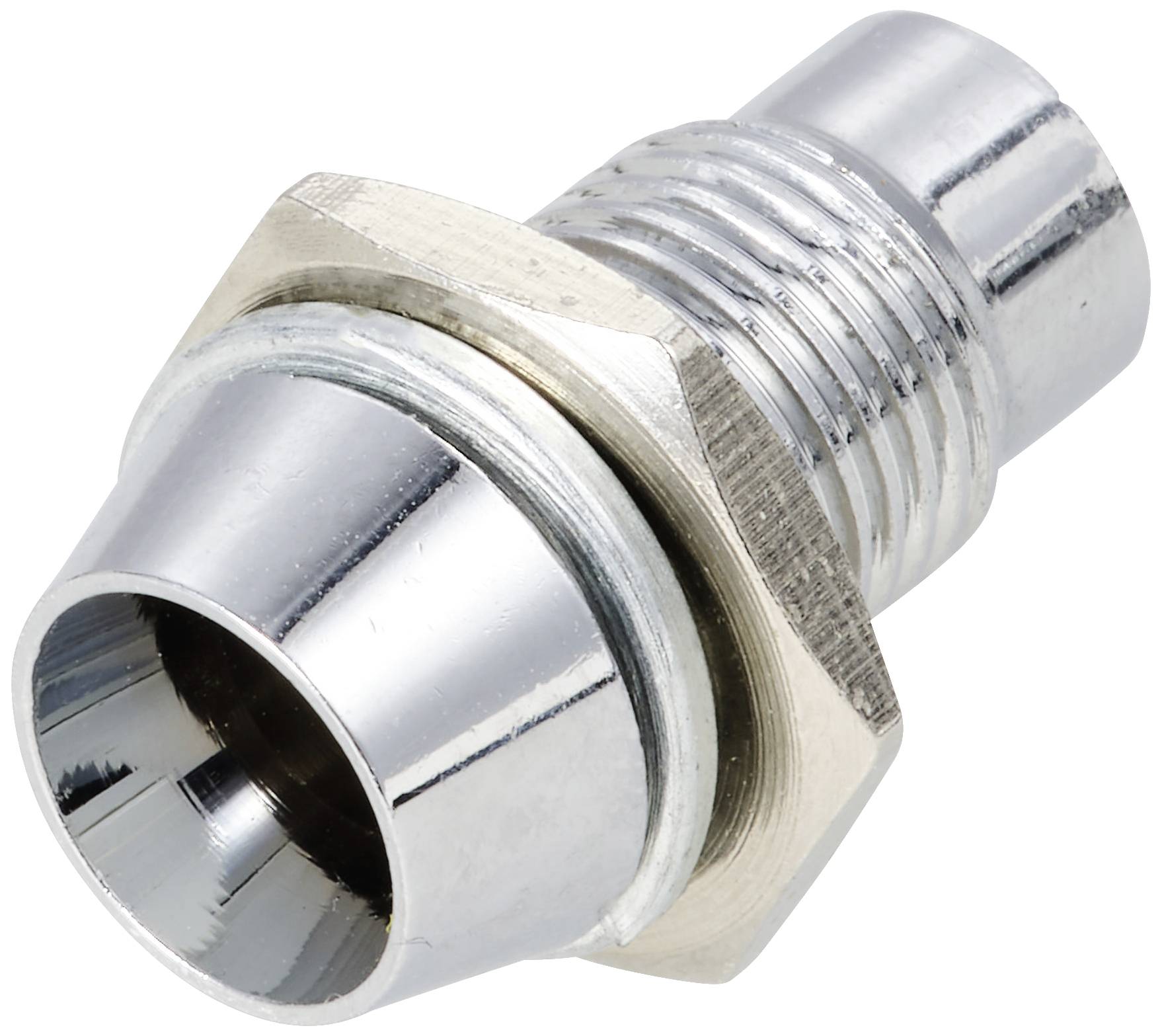 Raccordo metallico con dado esagonale, cromato lucido, utilizzato per collegare tubi o condotti.