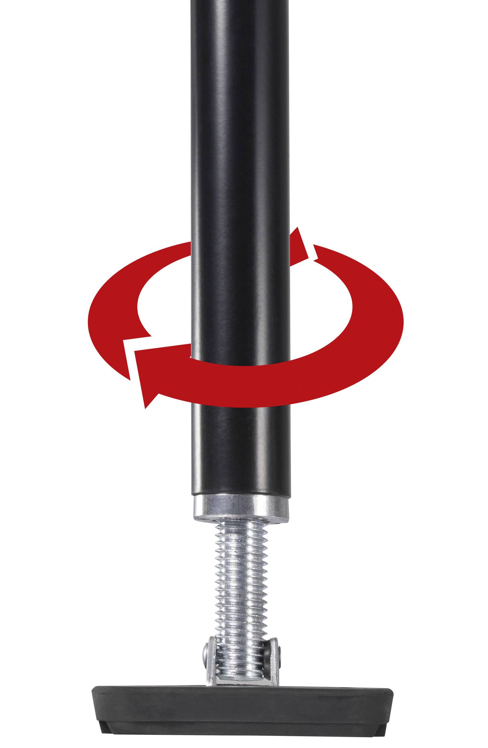 Barra metallica nera, collegata a un piedistallo regolabile. La freccia rossa indica il movimento di rotazione per regolare l'altezza.