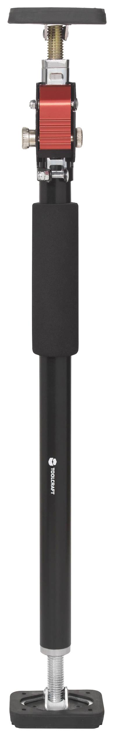 Un attrezzo con aste telescopiche di supporto, con impugnatura nera e meccanismo di chiusura rosso, utilizzato per sostenere materiali.