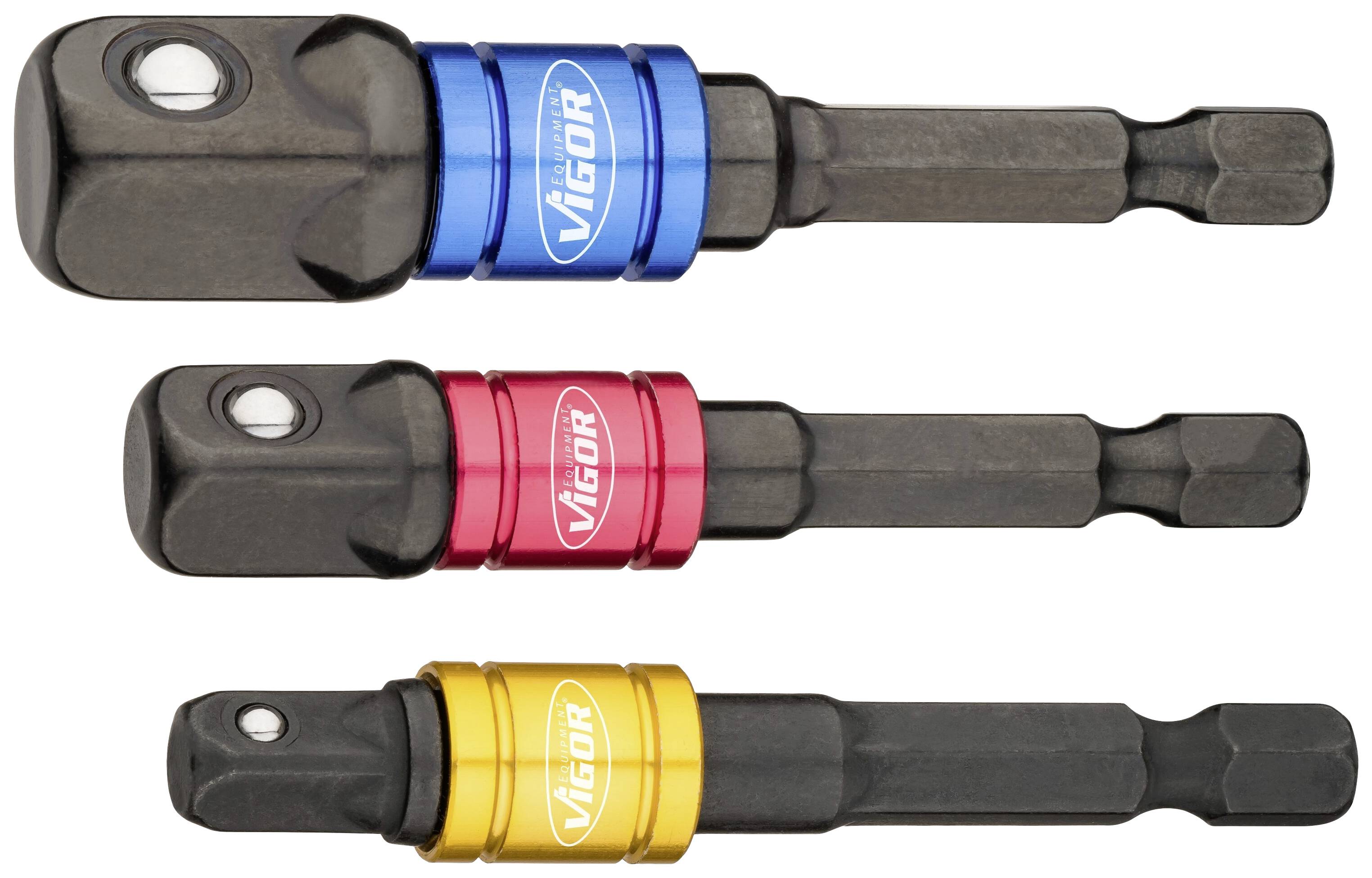 Tre adattatori con attacco esagonale in blu, rosso e giallo, recanti la scritta 'Vigor'. Sono idonei all'uso con utensili.