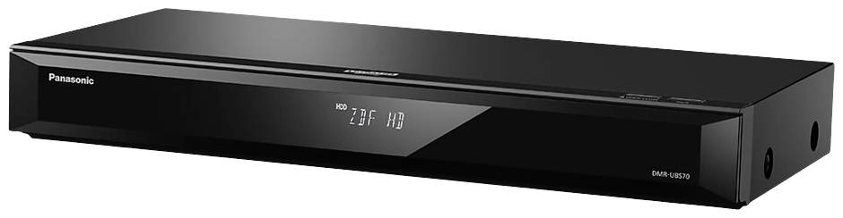 Lettore Blu-ray Panasonic nero su sfondo bianco, che mostra l'ora digitale.