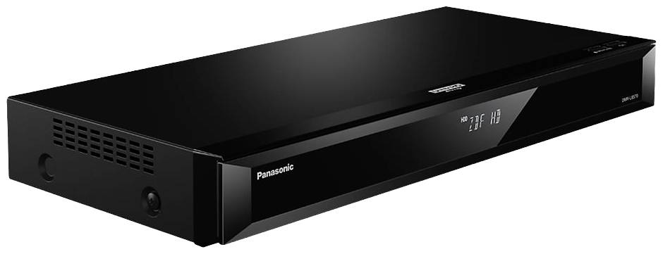 Lettore Blu-ray Panasonic nero, design sottile con display digitale sul lato frontale, adatto per sistemi home cinema.