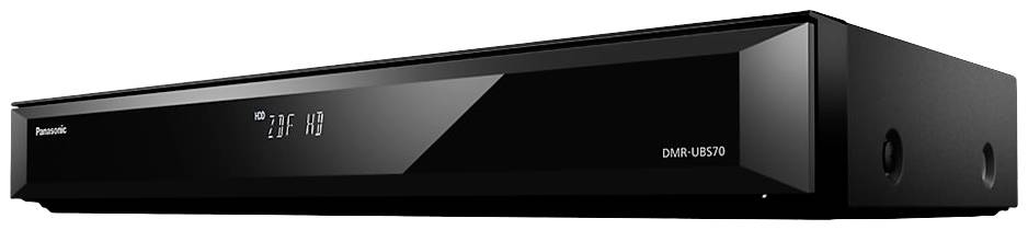 Registratore Blu-ray Panasonic nero con display digitale, modello 'DMR-UBS70'. Design elegante e rettangolare su sfondo bianco.