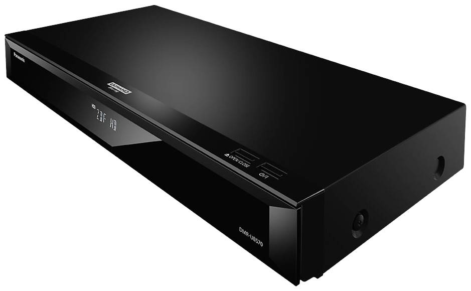 Lettore DVD nero su sfondo bianco, design moderno e sottile con spie luminose e tasti sul lato frontale.