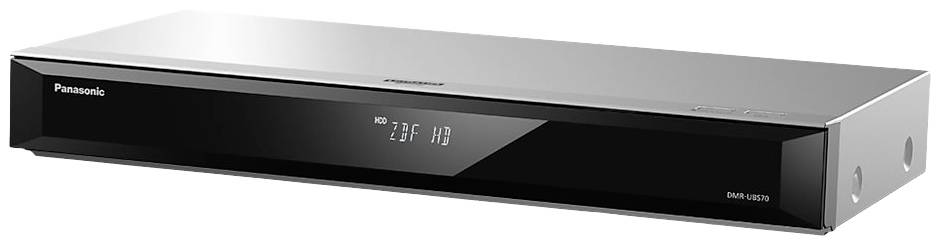 Un lettore DVD argentato e sottile con un pannello frontale nero e un display digitale che mostra 'HD 21F HD'.