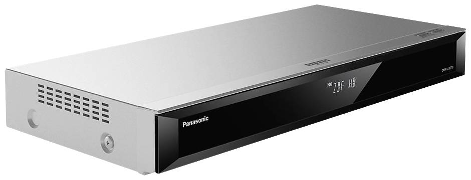 Un lettore Blu-ray Panasonic color argento con design orizzontale e display digitale sul lato frontale.