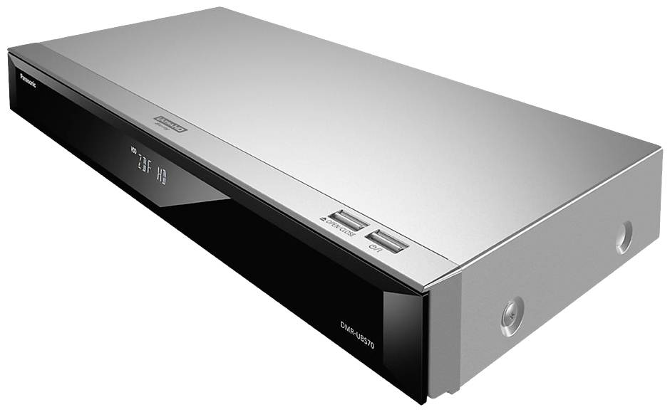 Un lettore Blu-ray argentato con pannello frontale nero e display che mostra 'Blu-ray'. A destra due porte USB.