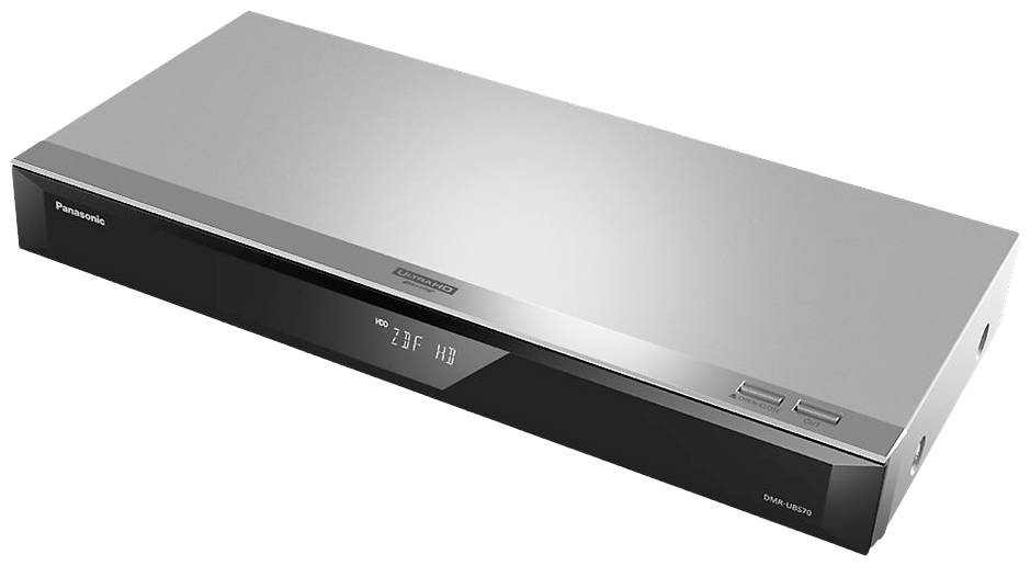 Un lettore Blu-ray argentato con parte anteriore nera e comandi integrati. In alto a sinistra il logo Panasonic.