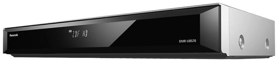 Un lettore DVD Panasonic nero, modello DMR-UBS70, con display digitale sul frontale.