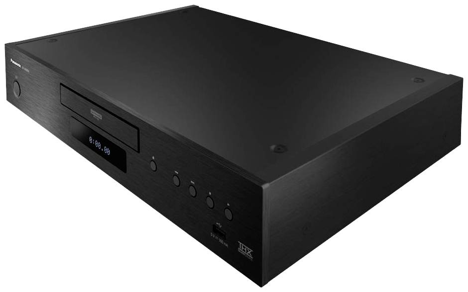 Lettore Blu-ray nero in forma rettangolare con vano disco aperto e diversi pulsanti di controllo sul lato frontale.