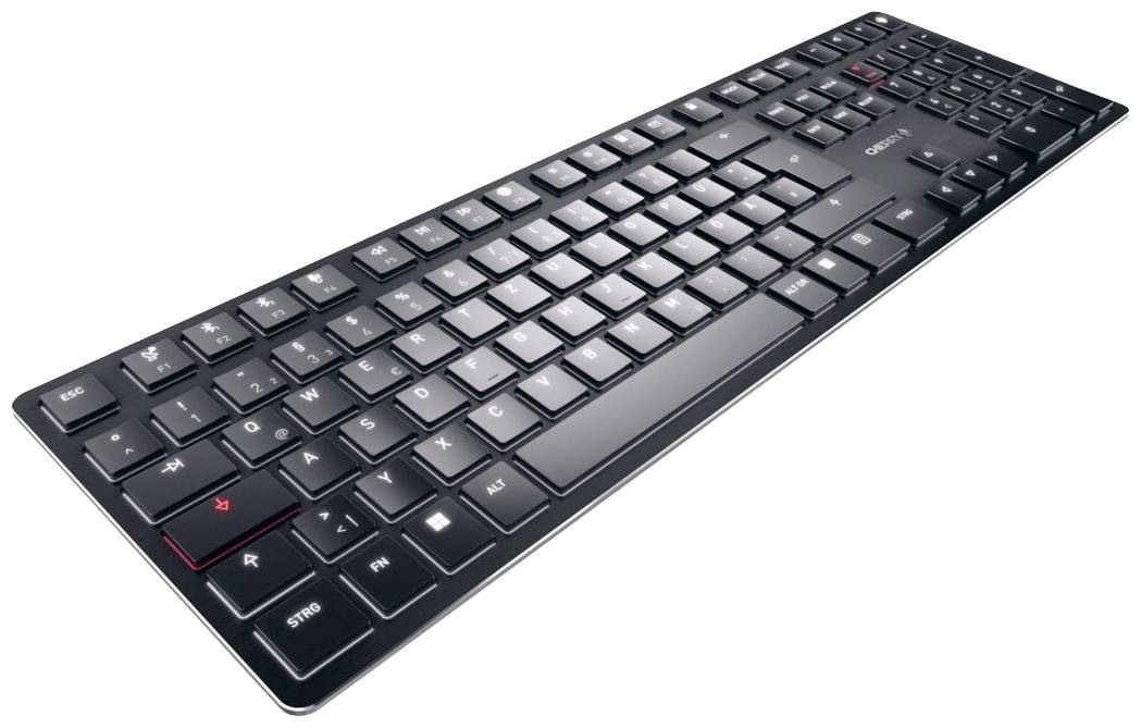 Tastiera nera per computer dal design sottile, con layout QWERTZ e alcuni tasti con accenti rossi, raffigurata su sfondo bianco.