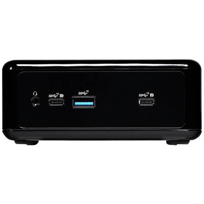 Scatola elettronica nera con due porte USB-C, una porta USB-A e un ingresso per cuffie sul lato frontale.