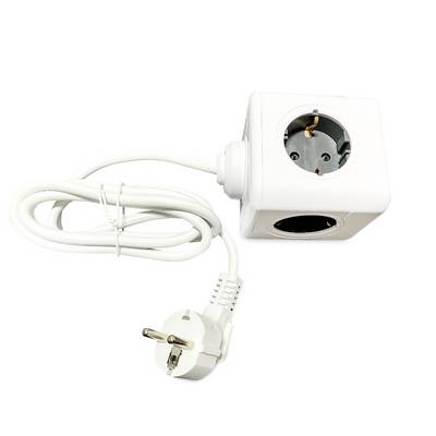 Un cubo adattatore bianco con interruttore integrato, tre prese e un cavo lungo con spina. Il cubo è ruotabile.