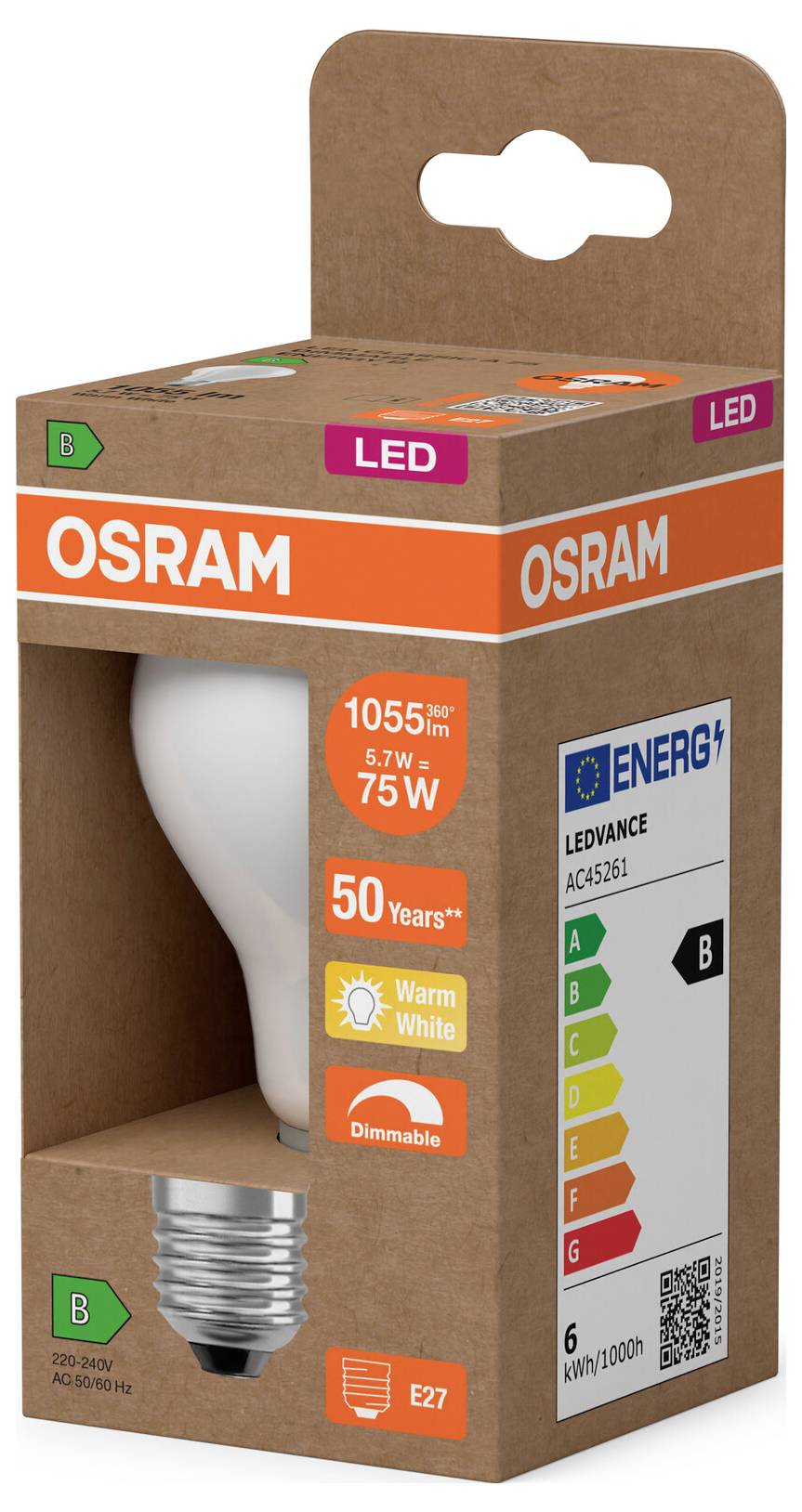 Confezione di lampadina LED OSRAM che mostra una lampadina E27 bianca calda dimmerabile, 5,7 W, equivalente a 75 W, 1055 lumen, classe energetica B.
