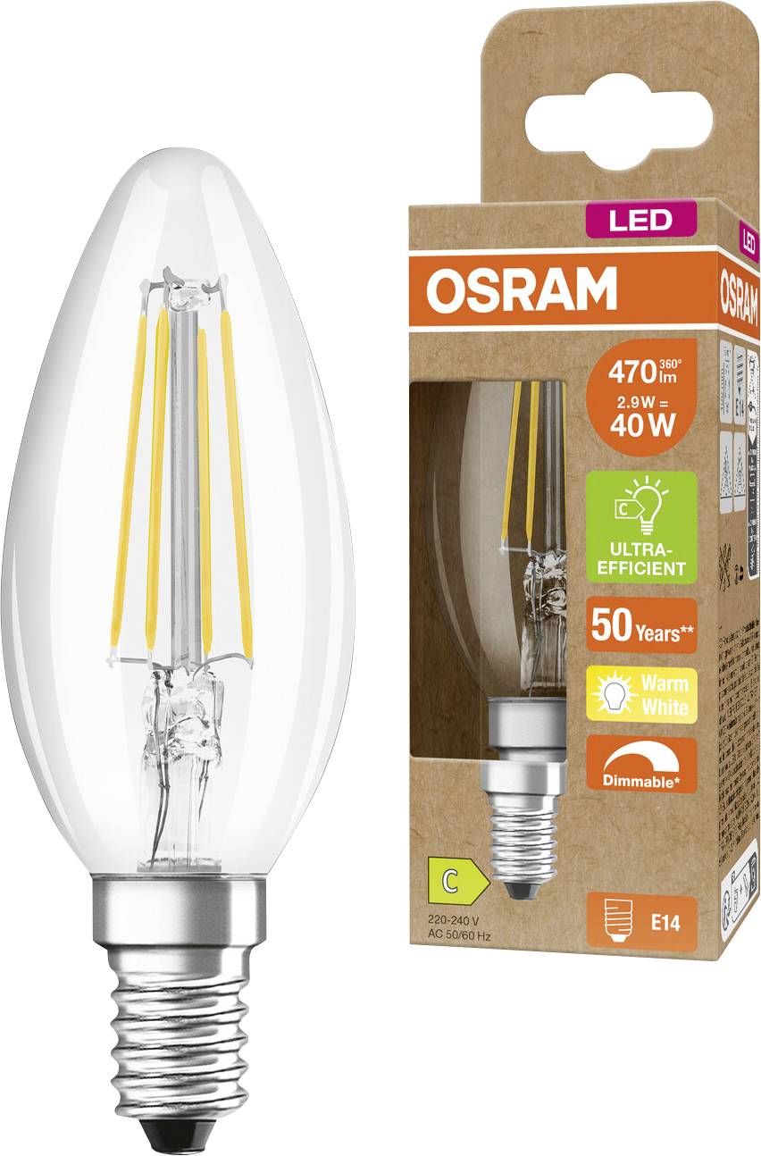 Lampadina a candela LED OSRAM con confezione, etichettata 470 lm, 2,9W, equivalente a 40W, bianca calda, dimmerabile, attacco E14.
