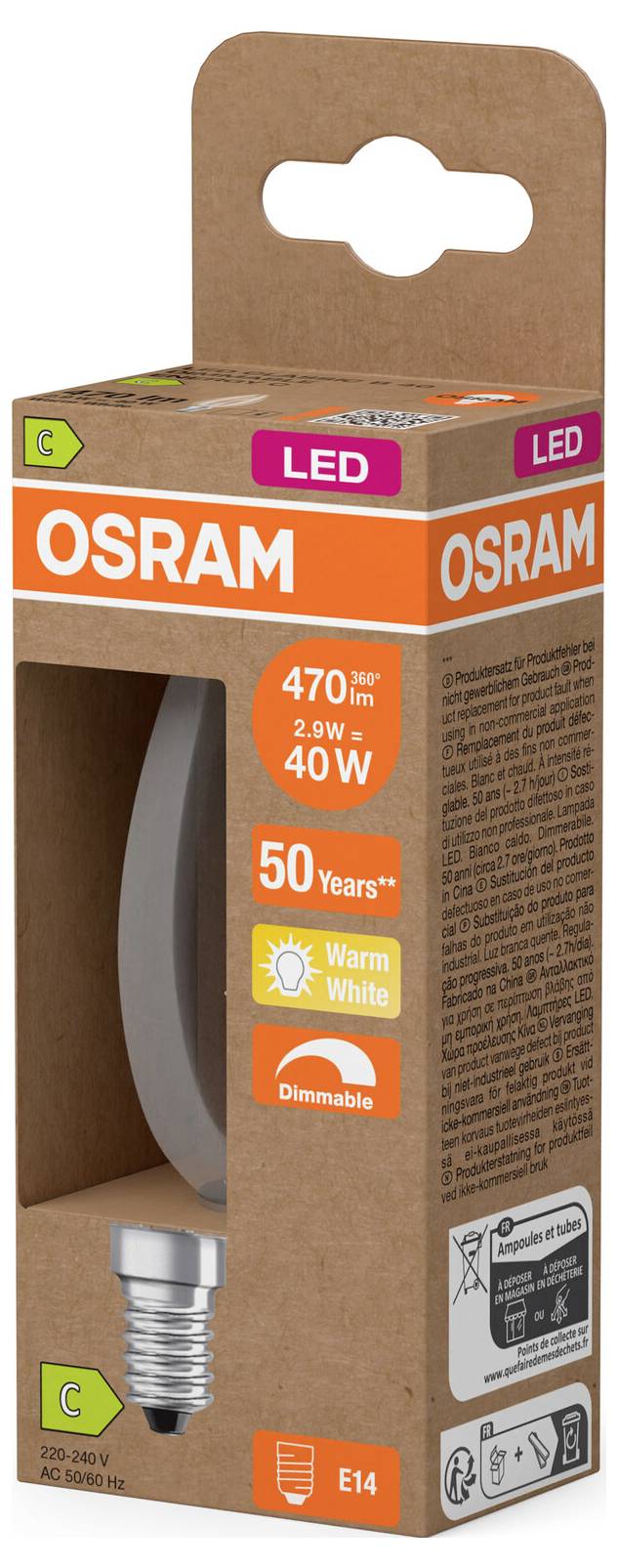 Confezione lampadina LED OSRAM, equivalente 40W, bianco caldo, dimmerabile, attacco E14, 470 lm, 50.000 ore, classe energetica C.