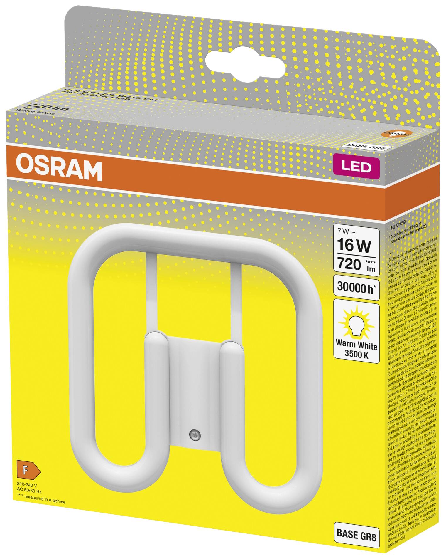 Una lampada LED OSRAM in una confezione gialla con le seguenti specifiche: 7W, 720 lm, sostituzione di 16W, durata 30.000 ore, luce calda 3500K.