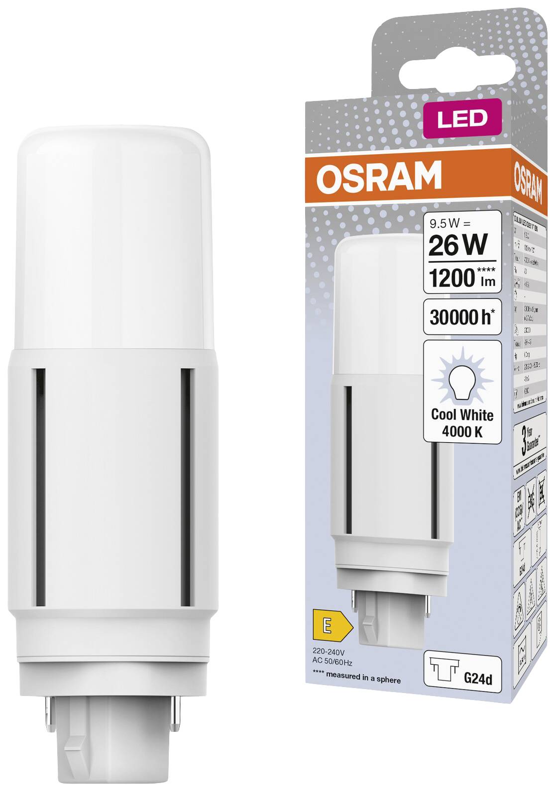 Lampada LED Osram da 26W, 1200 lumen e 4000 Kelvin nella confezione. Energeticamente efficiente, durata: 30.000 ore.