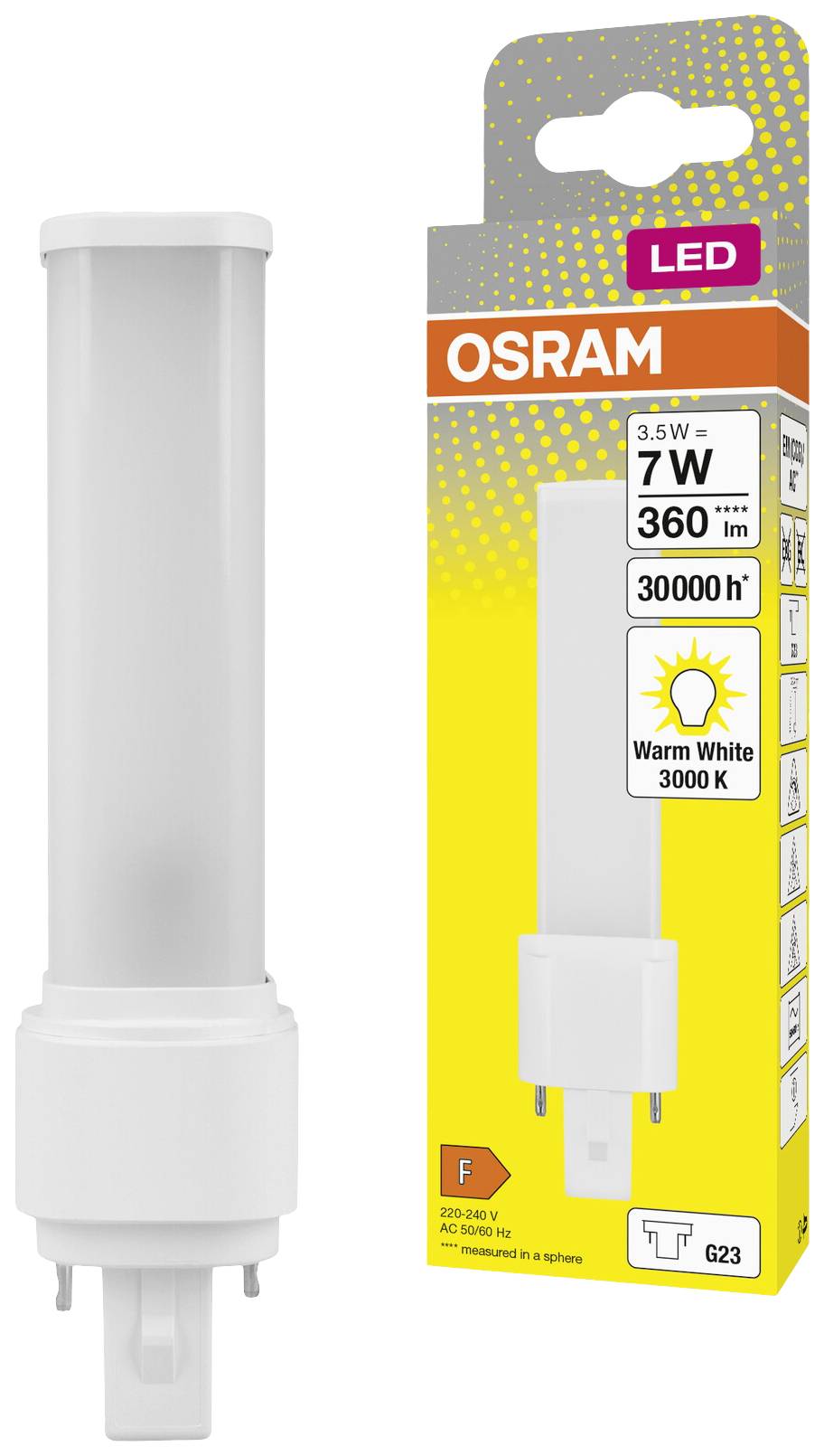 Lampadina LED OSRAM, 3,5W, equivalente a 7W, 360 lumen, luce calda 3000K, durata 30.000 ore, attacco G23. Dettagli sulla confezione.
