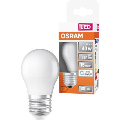 Lampadina LED OSRAM mostrata con confezione retail, etichettata 4,9 W, equivalente a 40 W, 470 lm, 15 anni, luce diurna fredda, attacco E27.