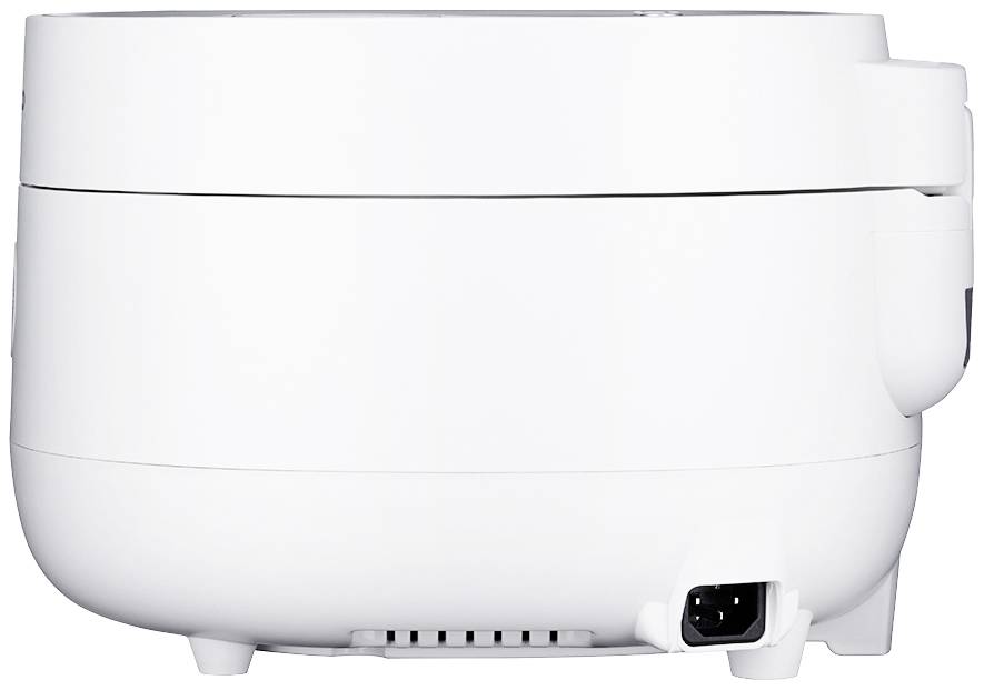 Un robot da cucina elettrico bianco e rotondo, ripreso di lato, con vista sulla presa di alimentazione.