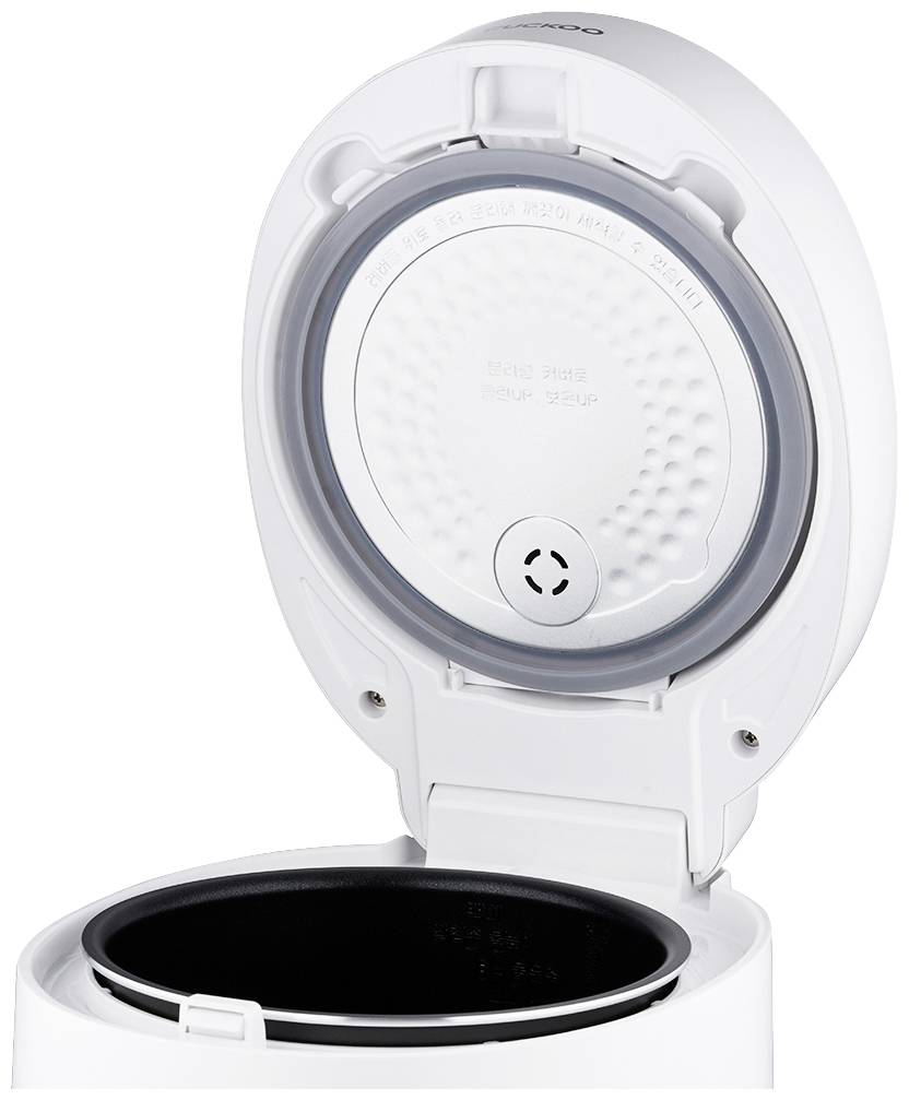 Un robot da cucina elettrico aperto con pentola interna estraibile. Il coperchio mostra i dettagli del vapore.