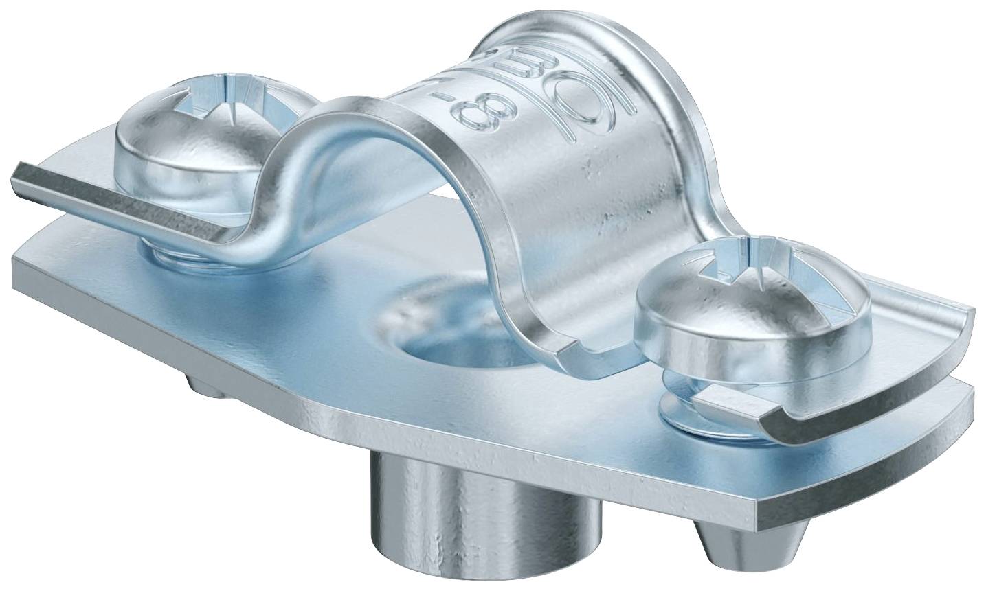 Clip metallico con base conica, due viti e supporto ricurvo. Probabilmente adatto per fissare cavi o tubi.