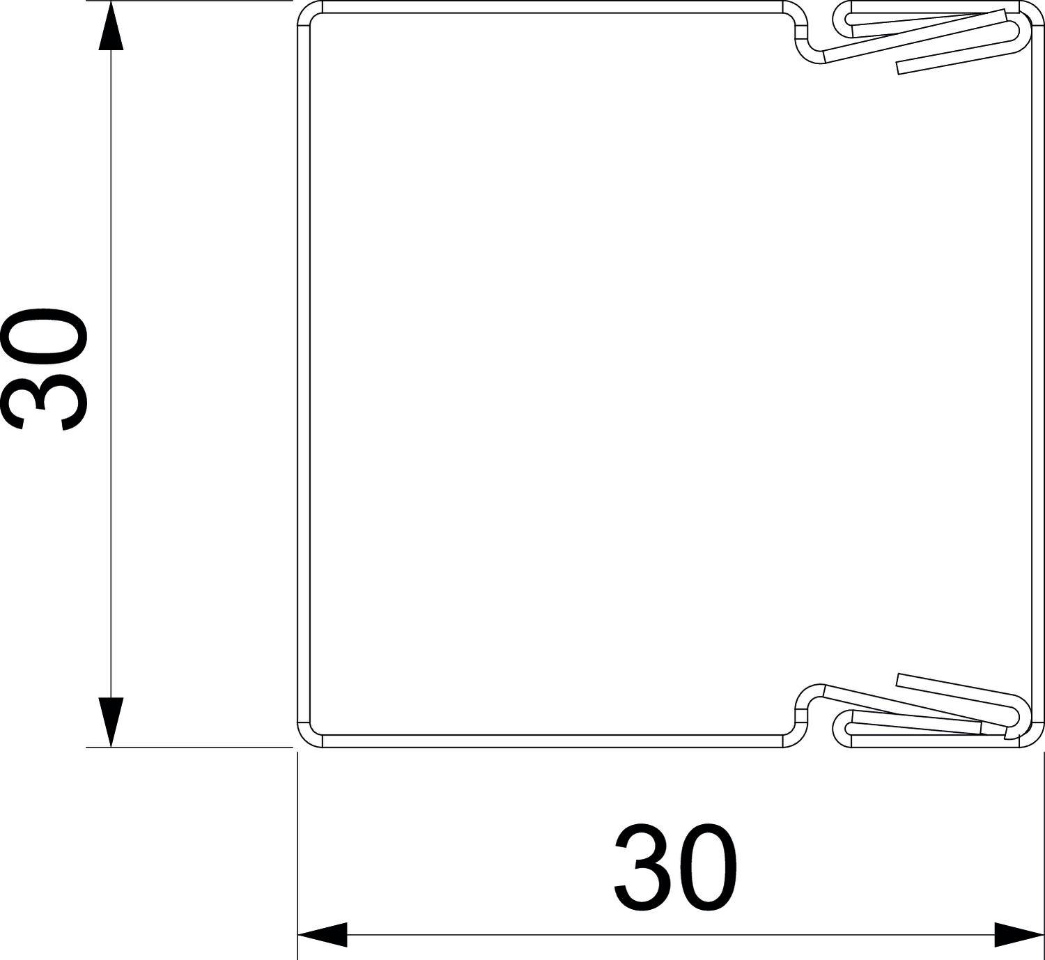 Disegno tecnico di un profilo quadrato con lato di 30 mm e rientranze in due angoli.