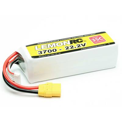 Un accumulatore Litio-Polimeri con scritta 'LEMONRC 3700 - 22.2V 35C', connettore giallo e cavi rossi e neri.