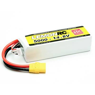 Batteria Lipo LemonRC, 5000 mAh, 14,8 V, idonea per scarica a 35C, con connettore XT60 giallo e altro attacco.