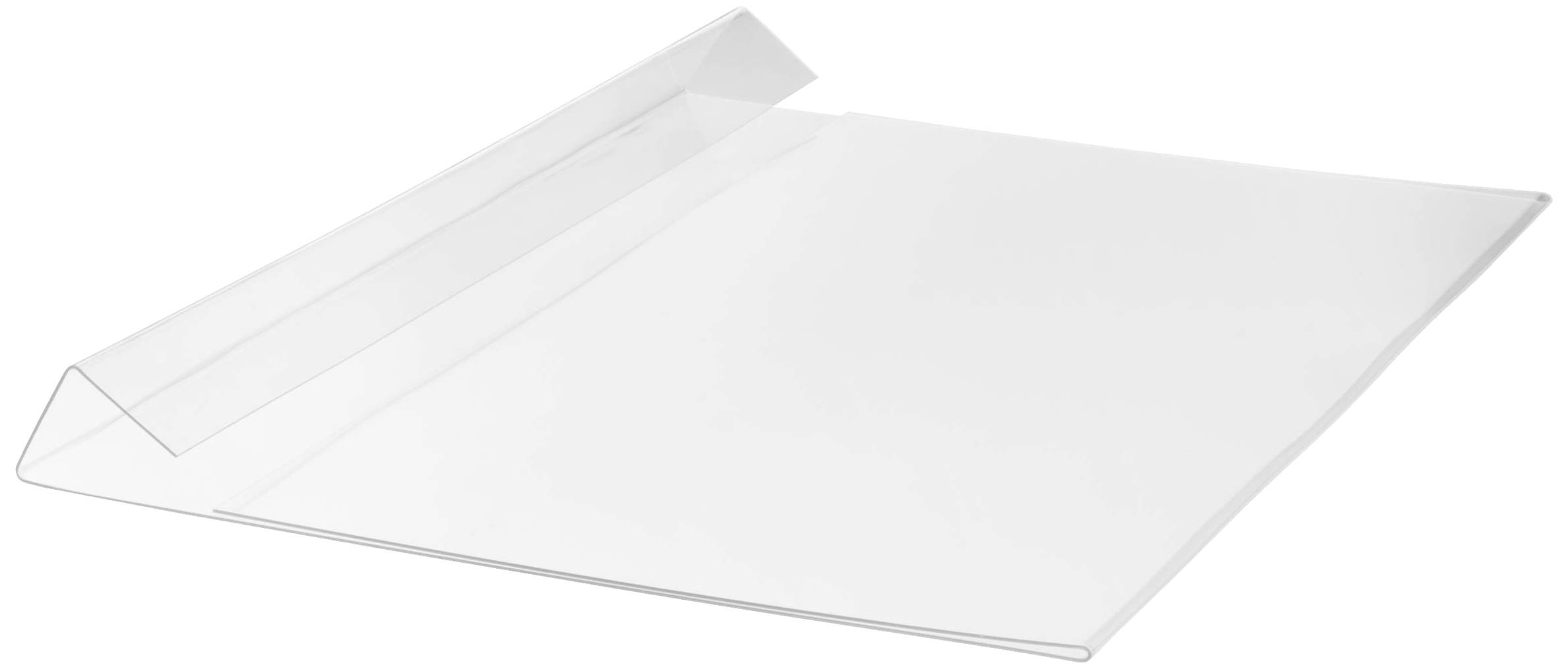Un foglio di plastica trasparente, rettangolare, con un bordo piegato, utilizzato come protezione per documenti o busta per lettere.