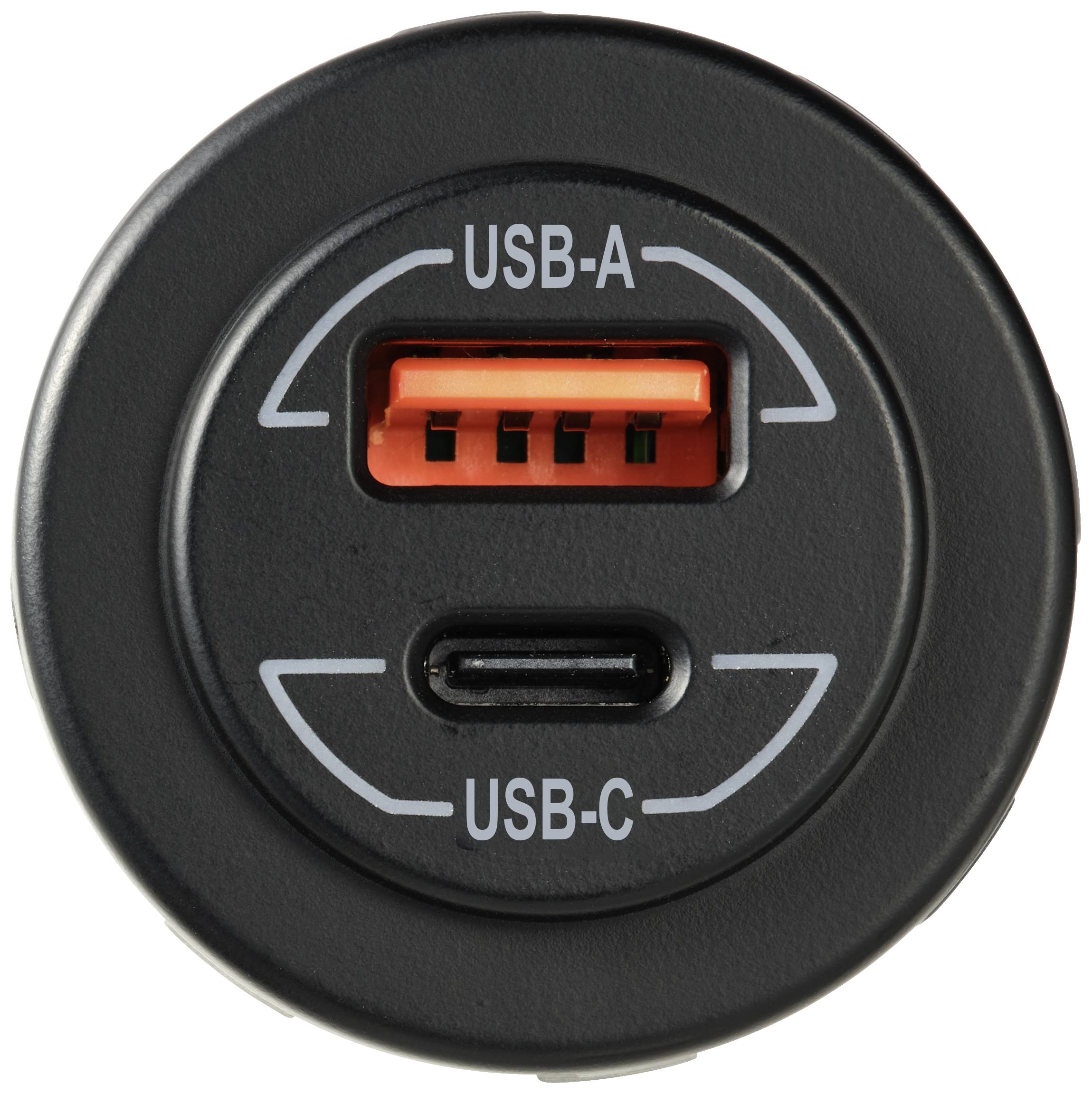 Caricabatterie USB con porta USB-A in alto e porta USB-C in basso su sfondo nero.