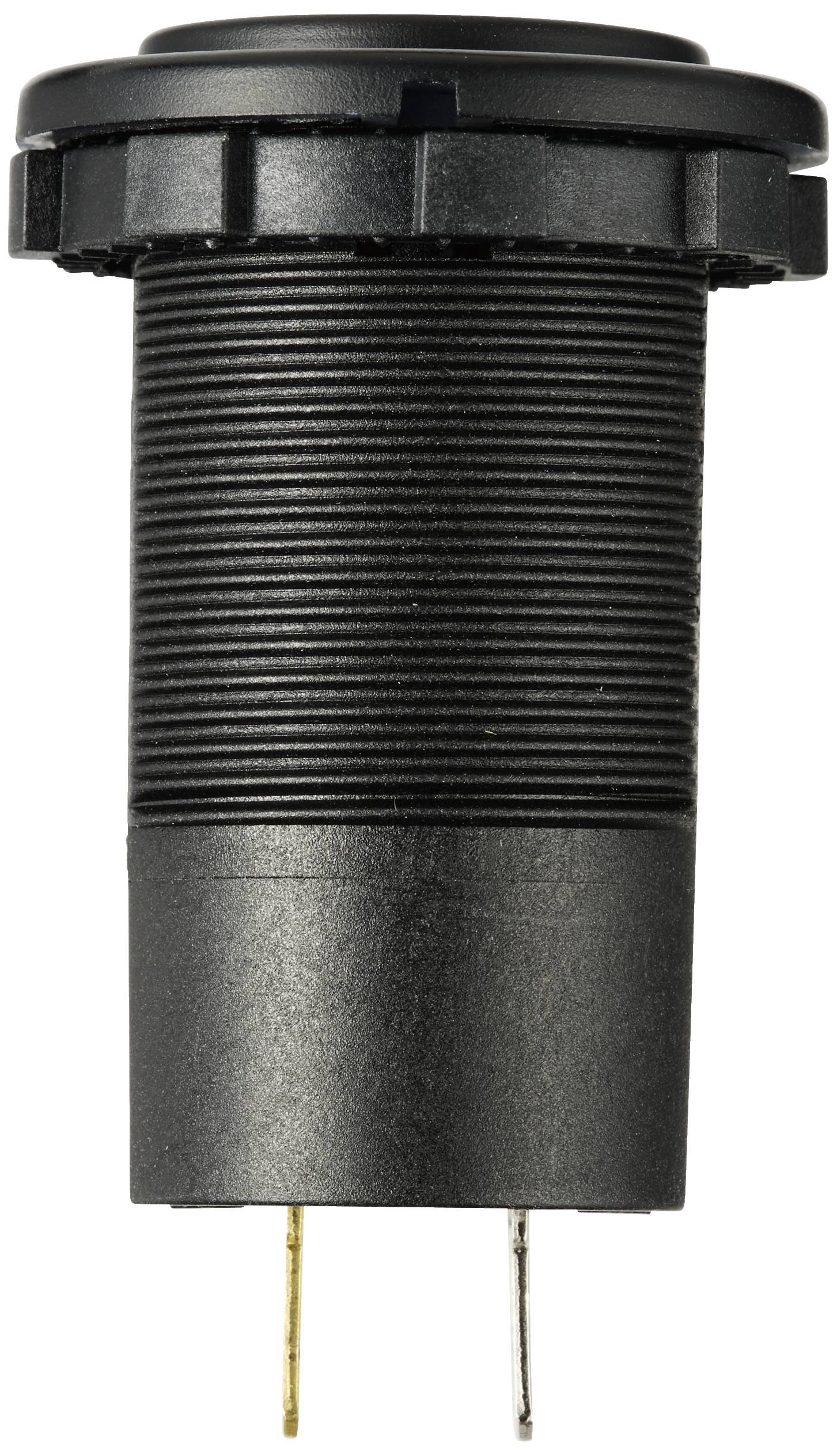 Un connettore elettronico nero, cilindrico, con involucro scanalato e due piedini metallici sul lato inferiore.