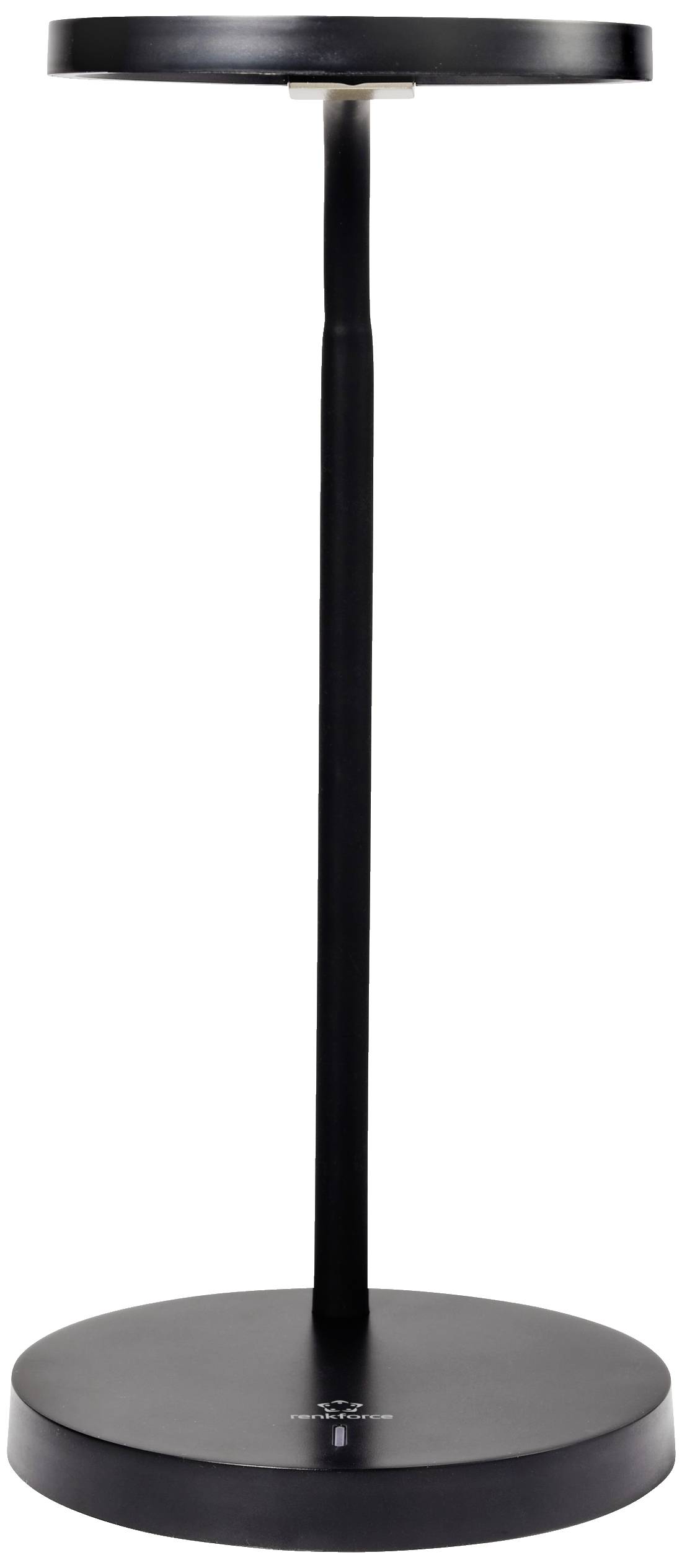 Una lampada da tavolo nera, moderna, con base rotonda e paralume piatto e circolare. Ideale per un design minimalista.